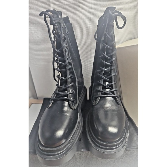 AllSaints  Alexia Boot Black Shine lace up  zipper leather combat boots woman 10 - Picture 2 of 10